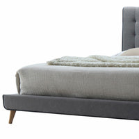 Light Gray Buttonless Tufted Fabric Queen Bed with Natural finish legs