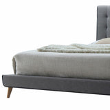Light Gray Buttonless Tufted Fabric Queen Bed with Natural finish legs