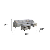 78' X 33' X 36' Gray Velvet Reversible Sectional Sofa With Pillows