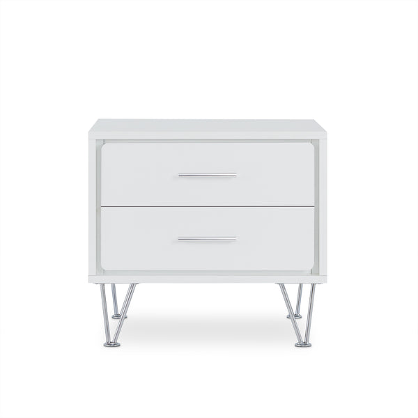 2 White Wooden Drawer Chrome Nightstand