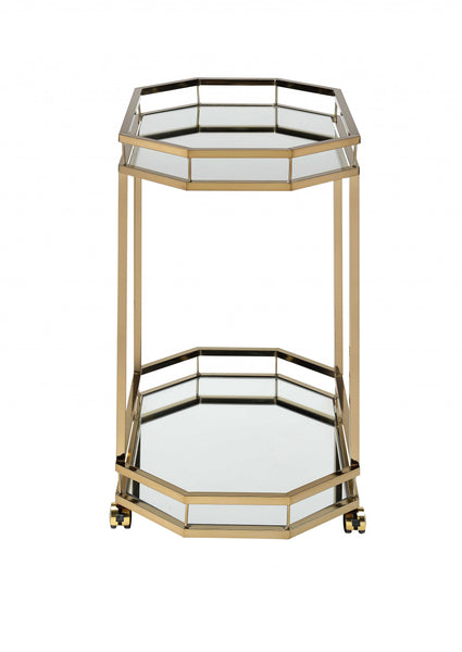 Champagne Finish Metal Serving Cart with 2 Mirror Shelves