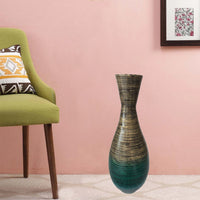 28" Distressed Aqua Spun Bamboo Artisan Floor Vase