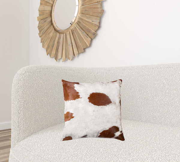 18" x 18" x 5" White And Brown Cowhide  Pillow