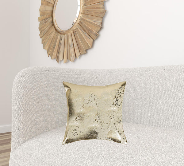 18" x 18" x 5" Gray And Gold Cowhide  Pillow