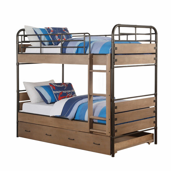 79' X 42' X 71' Antique Oak And Gunmetal Twin Over Twin Bunk Bed