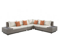 126' X 100' X 30' Beige Fabric And Gray Wicker Patio Sectional And Cocktail Table