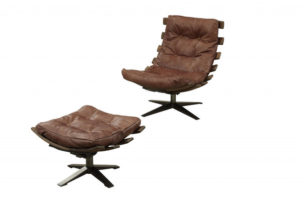 27' X 35' X 33' 2Pc Retro Brown Top Grain Leather Chair And Ottoman