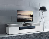 Tv Unit High Gloss White With Gray Glass Middle Drawer 2 Drawers And 2 Doors