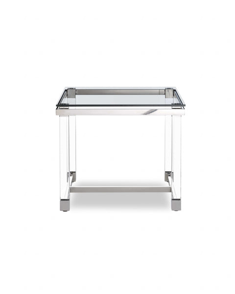 Side Table 10 mm Tempered Clear Glass Top Polished Stainless Steel Frame Acrylic Legs