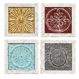 Set of 4 Distressed Medallion Metal and Wood Framed Wall Art