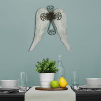 Distressed White Angel Wings With Metal Cross Wall Decor