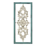Distressed White and Turquoise Framed Scroll Metal Panel
