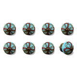 Bohemian Floral Turquoise Handprinted Set of 8 Ceramic Knobs