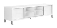 17.75" x 71" x 19.75" White Clear Silver Particle Board Glass Hollow Core Tv Stand