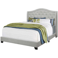 Tufted Light Gray Standard Bed Upholstered With Nailhead Trim And With Headboard