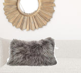 17" Grey Genuine Tibetan Lamb Fur Pillow with Microsuede Backing