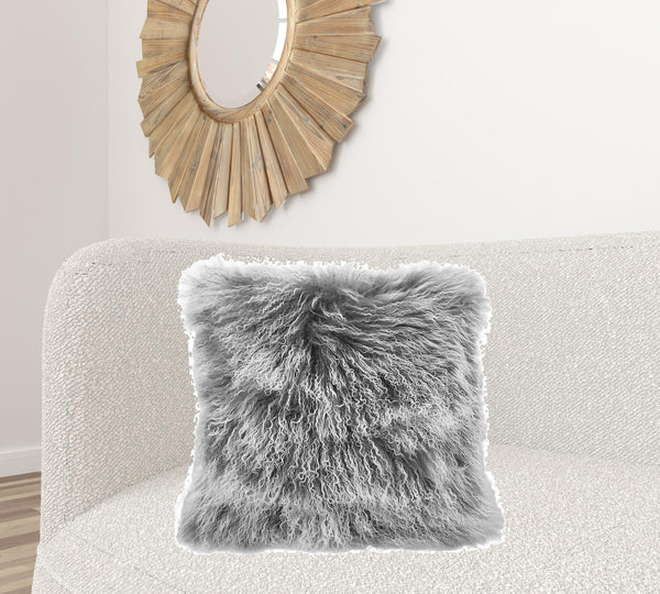 24" Grey Genuine Tibetan Lamb Fur Pillow with Microsuede Backing