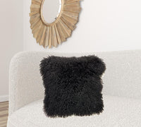 24" Black Genuine Tibetan Lamb Fur Pillow with Microsuede Backing
