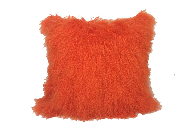 24" Orange Genuine Tibetan Lamb Fur Pillow with Microsuede Backing
