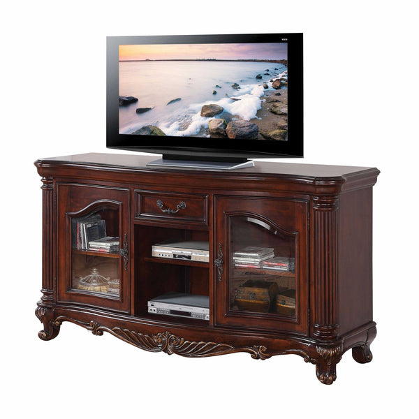 20' X 65' X 34' Brown Cherry Wood Glass TV Stand