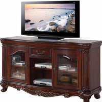 20' X 65' X 34' Brown Cherry Wood Glass TV Stand