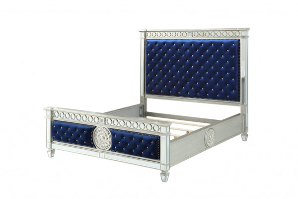 84' X 90' X 72' Blue Velvet Wood Mirror Upholstered (HBFB) King Bed