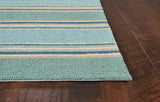 8'x10' Ocean Blue Hand Hooked UV Treated Awning Stripes Indoor Outdoor Area Rug
