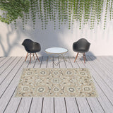 7'x10' Beige Grey Machine Woven UV Treated Floral Traditional Indoor Outdoor Area Rug