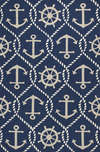 5'x8' Navy Blue Hand Hooked UV Treated Nautical Indoor Outdoor Area Rug