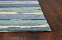 3'x5' Blue Teal Hand Hooked UV Treated Abstract Waves Indoor Outdoor Area Rug