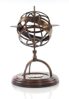 7" x 7" x 11" Brass Armillary With Compass On Wood Base