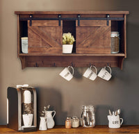 Rustic Wooden Shelf with Barn Door Storage and Hooks