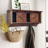 Rustic Wooden Shelf with Barn Door Storage and Hooks