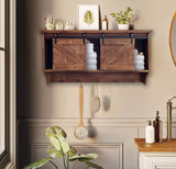 Rustic Wooden Shelf with Barn Door Storage and Hooks