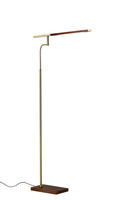 Thin Silhouette Adjustable LED Floor Lamp with Walnut Wood Finish and Antique Brass Accents