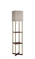 Floor Lamp with Antique Brass Poles and Walnut Wood Finish Storage Shelves with Two USB Ports