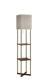 Floor Lamp with Antique Brass Poles and Walnut Wood Finish Storage Shelves with Two USB Ports