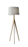 Natural Wood Floor Lamp with Tripod Base and Grey Felt Tapered Drum Shade