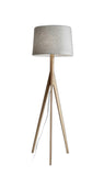 Natural Wood Floor Lamp with Tripod Base and Grey Felt Tapered Drum Shade