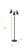 Black Metal Floor Lamp with Three Adjustable Antique Brass Accented Cone Shades