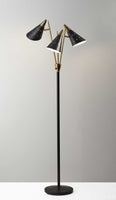 Black Metal Floor Lamp with Three Adjustable Antique Brass Accented Cone Shades