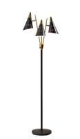 Black Metal Floor Lamp with Three Adjustable Antique Brass Accented Cone Shades