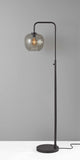 Matte Black Metal Arc Floor Lamp with Smoked Glass Globe Shade and Vintage Edison Bulb