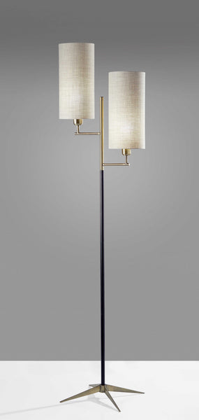 Two Light Floor Lamp Antique Brass Metal Tripod Base with Matte Black Accent and Tall Natural Fabric Shade