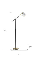 Matte Black and Antique Brass Metal Floor Lamp with Adjustable Arm and White Metal Shade