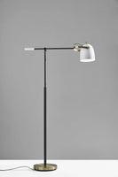 Matte Black and Antique Brass Metal Floor Lamp with Adjustable Arm and White Metal Shade