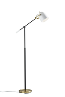 Matte Black and Antique Brass Metal Floor Lamp with Adjustable Arm and White Metal Shade