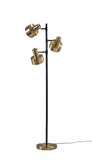 Three Light Floor Lamp with Matte Black Pole and Adjustable Antique Brass Metal Shades