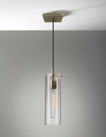 Clear Glass Cylinder Shade with Vintage Filament Bulb Antique Brass Metal Pendant