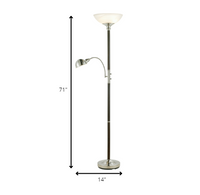 Two Light Combo Floor Lamp Wood Brushed Steel Torchiere with Frosted Glass Dome Shade and Reading Light with Brushed Steel Dome Shade